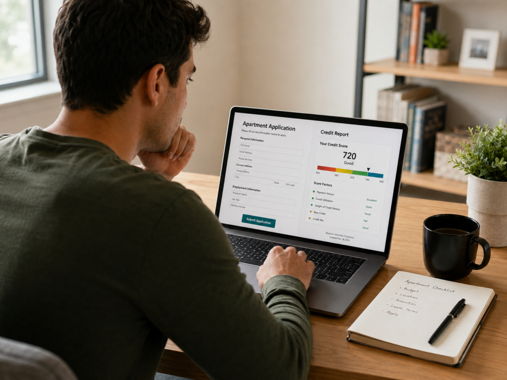 Renter reviewing credit report before submitting an apartment application online.