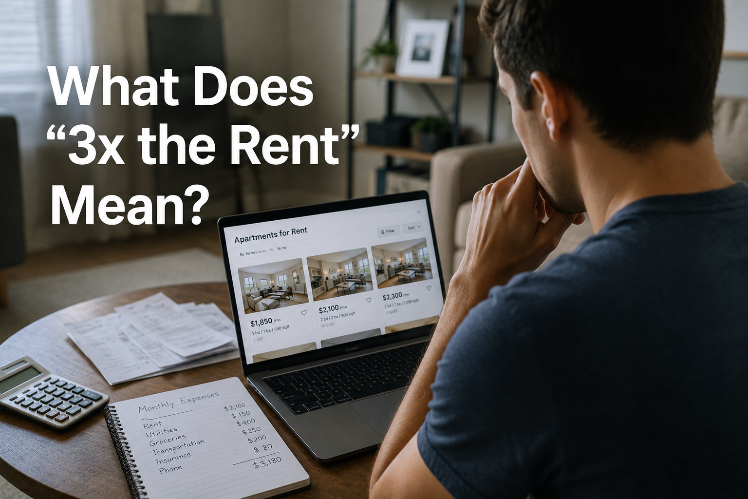 Renter using a rent affordability calculator to compare income debts and state cost of living before applying for an apartment<br />
