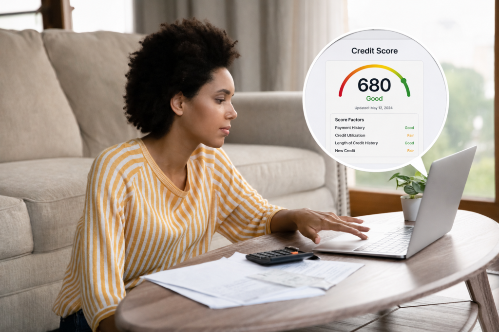 Renter checking credit score before submitting an apartment application online.
