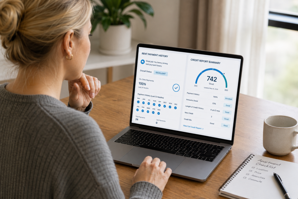 Renter reviewing rent payment history and credit report while learning how rent reporting can help build credit.