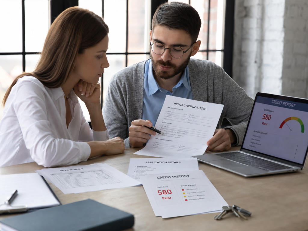 Renter with bad credit speaking with a private landlord while reviewing apartment application documents.