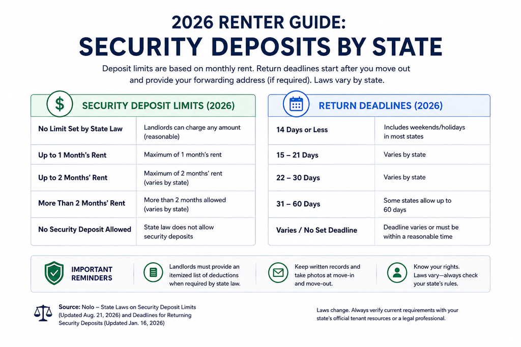 United States renter guide comparing security deposit limits and return deadlines by state in 2026.