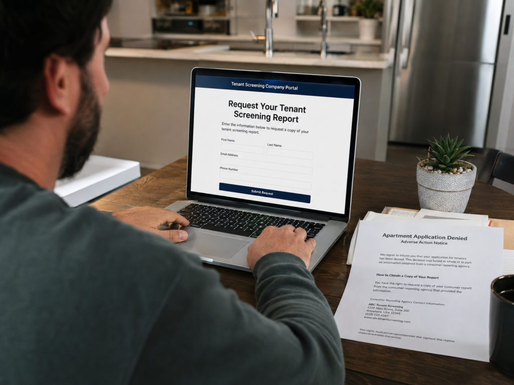 Renter requesting a copy of tenant screening report after apartment application denial.
