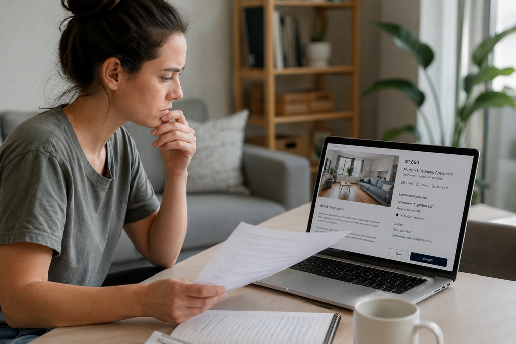 Renter checking apartment listing and landlord information before paying an application fee or security deposit.

