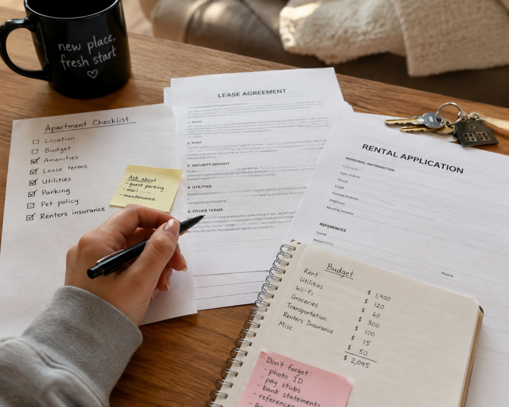 First-time renter reviewing apartment checklist lease documents budget and rental application before moving.