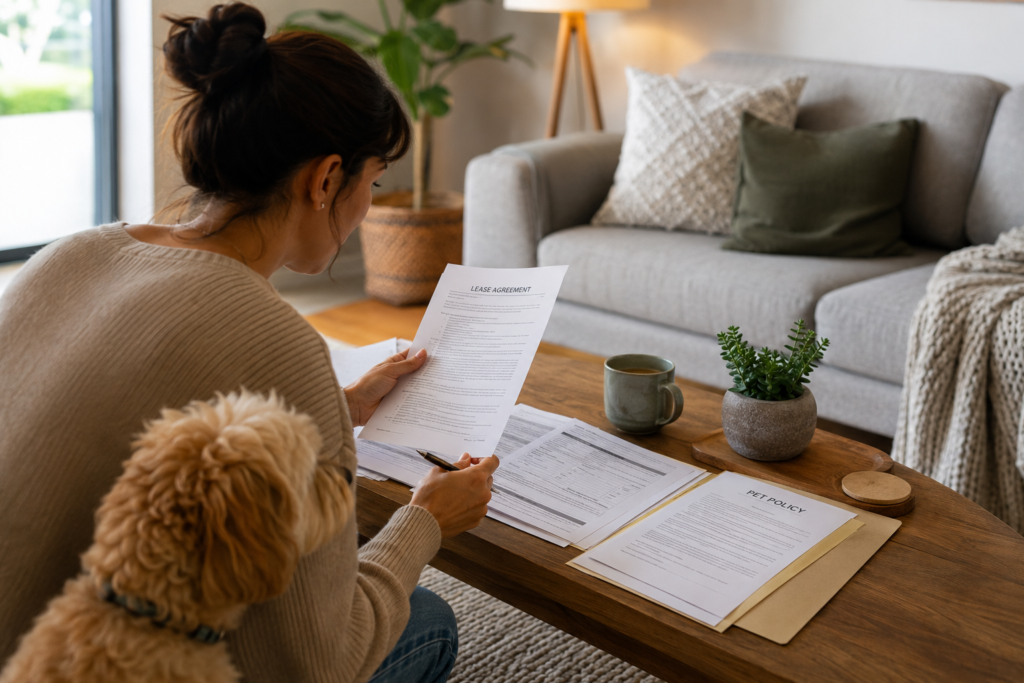 Renter with dog reviewing apartment lease pet policy and rental application documents before signing.
